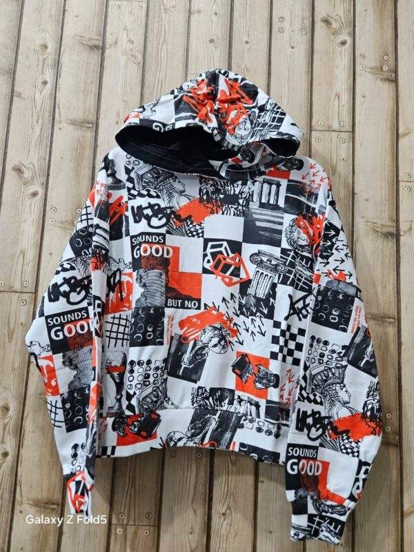 Trendy Boys' Graphic Hoodie - Black, White, and Red Urban Patchwork Design