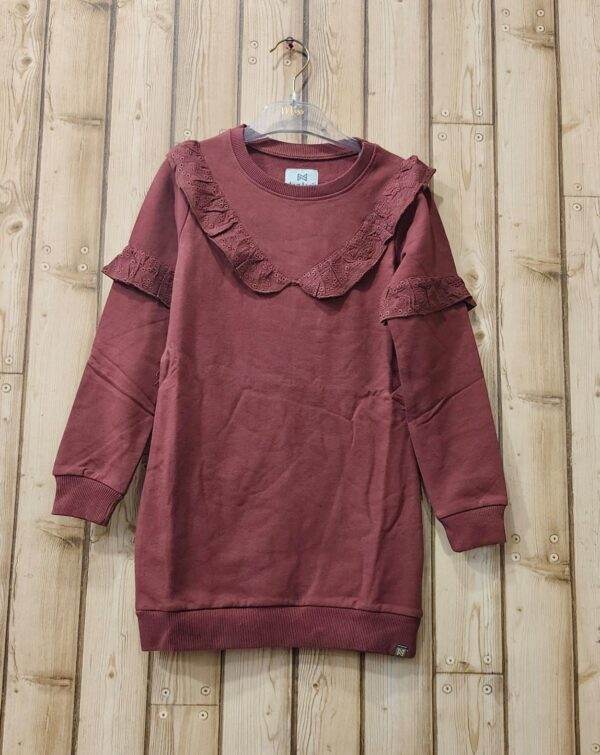 Maroon Girls' Sweatshirt Dress with Lace Ruffle Design