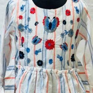 Charming Embroidered White Dress with Blue and Red Stripes for Girls