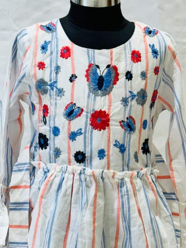 Charming Embroidered White Dress with Blue and Red Stripes for Girls