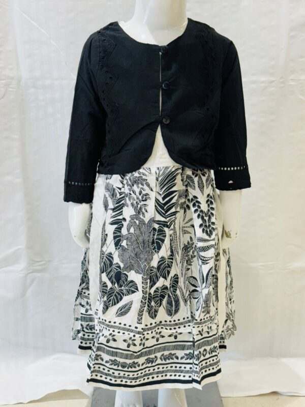 Stylish Black Jacket and White Botanical Print Dress for Kids