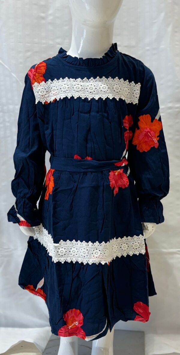 Charming Dark Blue Floral Dress with Lace Trim for Kids