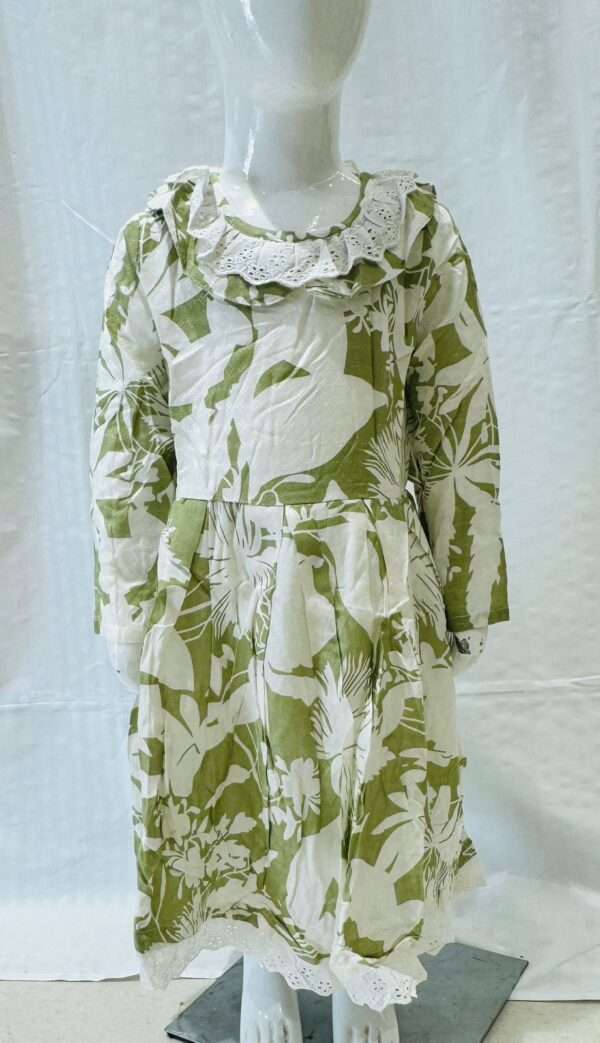 Charming Green Floral Eyelet White Dress with Lace Trim for Girls
