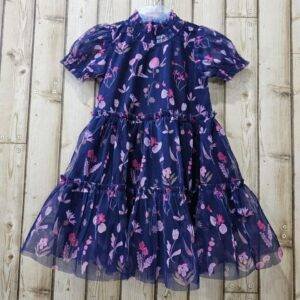 Elegant Floral Navy Blue Dress with Short Puff Sleeves for Kids