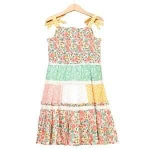 Charming Patchwork Floral Dress for Girls with Ribbon Ties