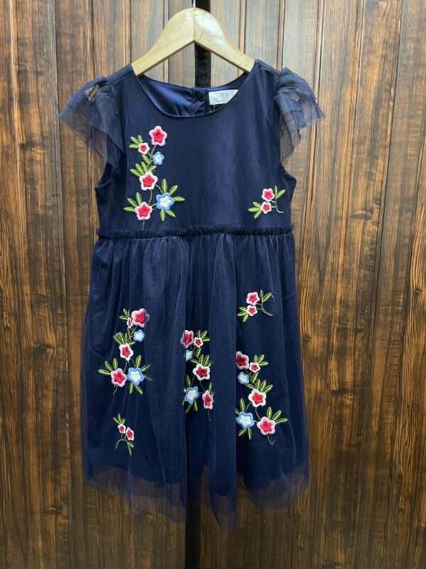 Charming Navy Blue Floral Embroidered Dress with Sheer Ruffled Sleeves for Kids