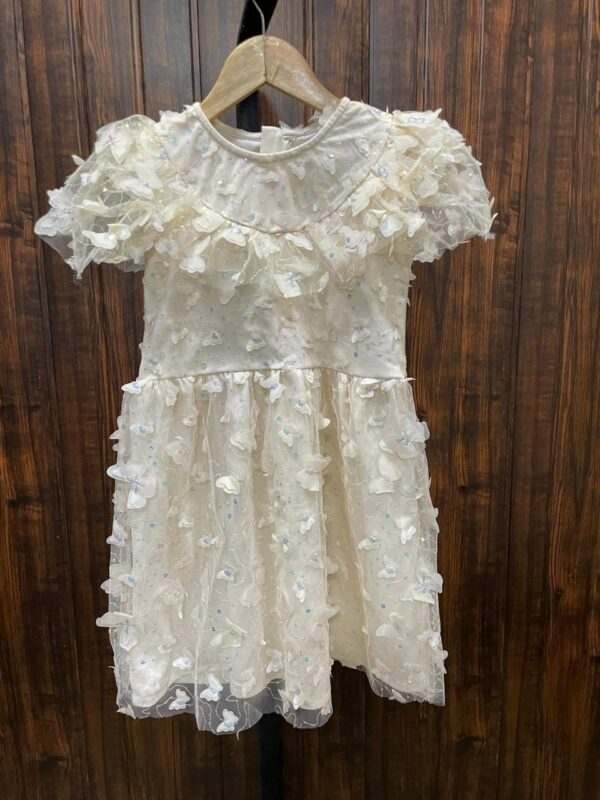 Elegant Cream Floral Appliqué Dress with Puffy Sleeves for Girls