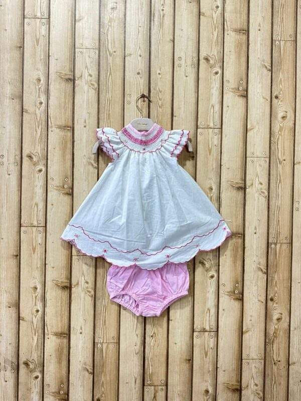 Charming White Baby Dress with Pink Embroidery and Bloomers