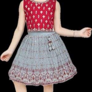 Elegant Red Crop Top and Grey Skirt Ethnic Set for Girls