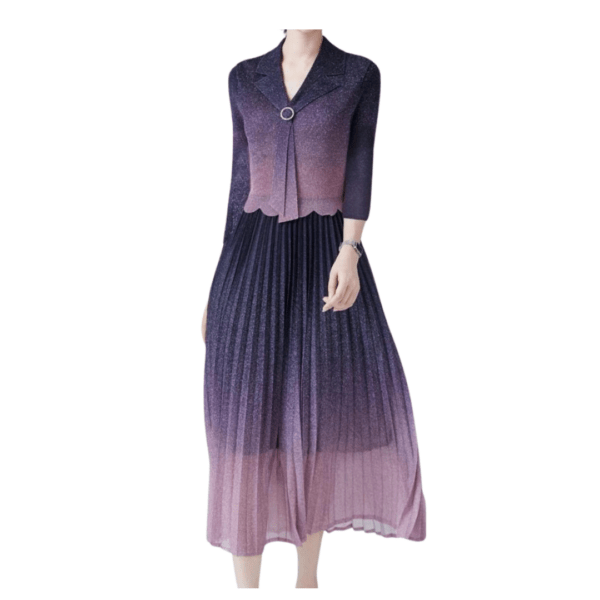Ombre Pleated Midi Dress with Collared Top