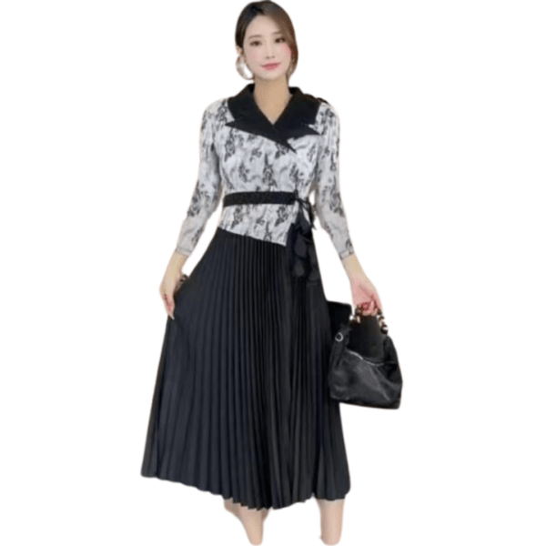 Elegant Black and White Pleated Midi Dress with Floral Pattern and Belted Waist