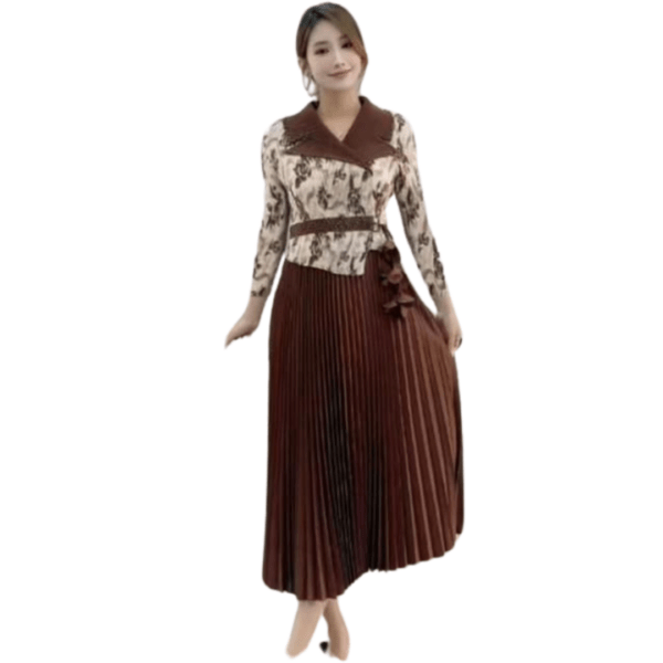 Chic Brown and Cream Pleated Midi Dress with Floral Print and Belt