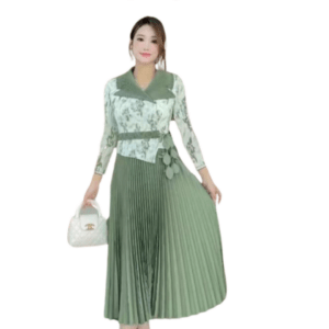 Graceful Green and White Pleated Midi Dress with Floral Print and Belted Detail