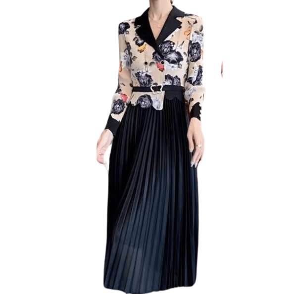 Elegant Floral Print Pleated Midi Dress with Belted Waist