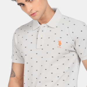 Men Printed Polo Neck Cotton Blend Grey T-Shirt