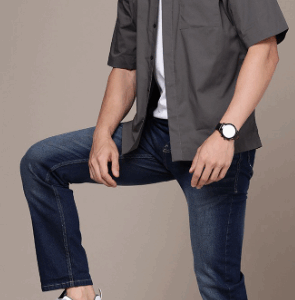 Dark Grey solid Casual shirt ,has a button-down collar, button placket, 1 patch pocket, short regular sleeves, curved hem