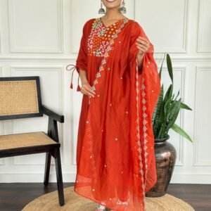Rust orange Embroidered Kurta Set