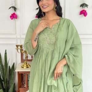 Pista Green Embroidered Mal Chanderi  Suit Set