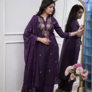 Purple Embroidered Cotton Suit Set