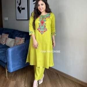 lime green kurti and matching pants set