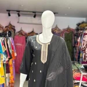 black embroidered kurta set with a matching dupatta