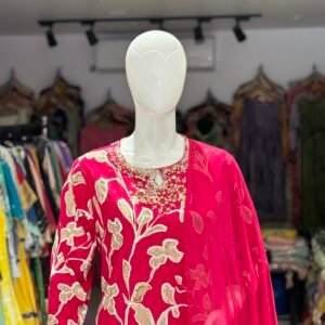 Naira Cut Party Wear Pink Kurti Set with Embroidery Work.