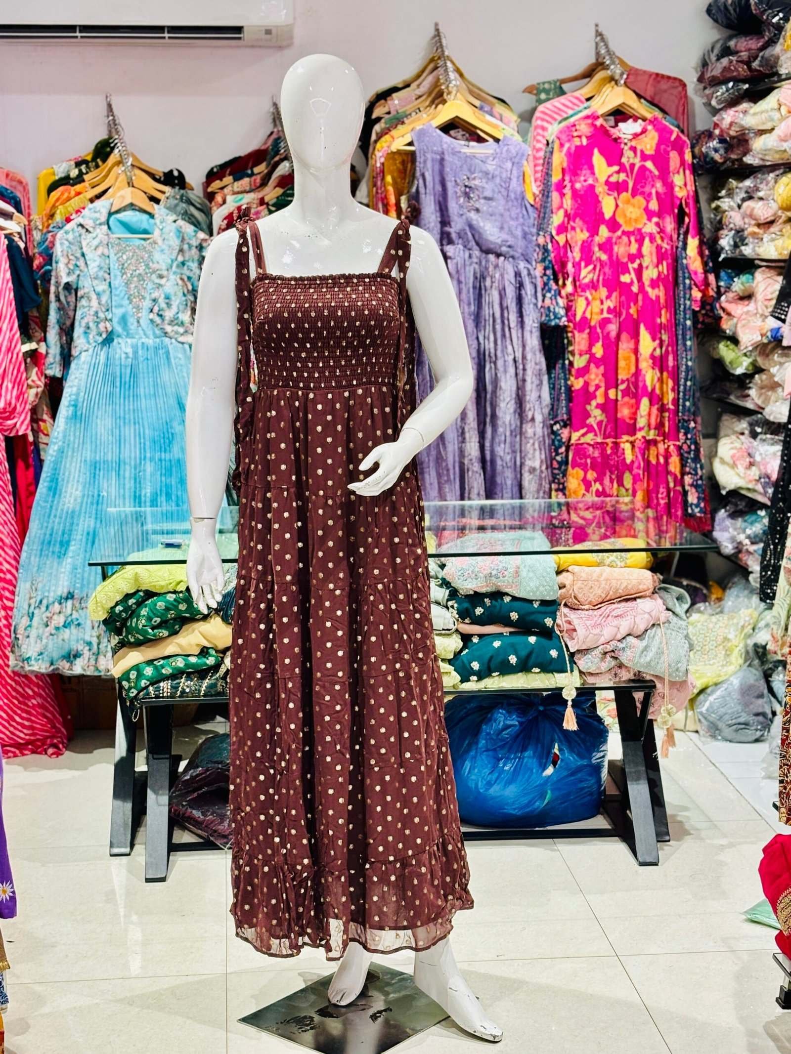 brown polka dot smocked maxi dress - Image 2