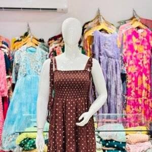 brown polka dot smocked maxi dress