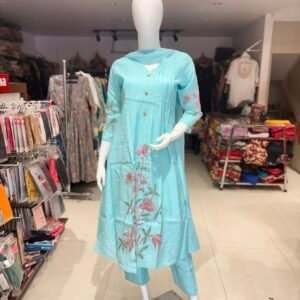Aqua One Side Pleated A-line Kurti with Appliqué & Hand Embroidery