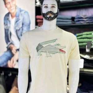 Lacoste beige t-shirt with a largestylized crocodile graphic.