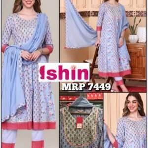 Pink & Blue Floral Print A-Line Kurta Suit Set
