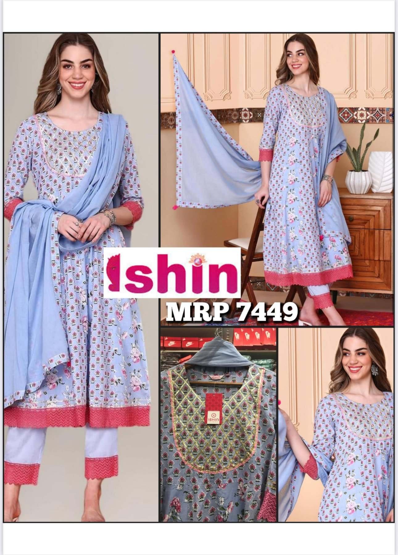 Pink & Blue Floral Print A-Line Kurta Suit Set