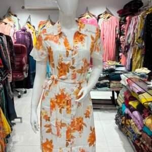 White and orange floral print shirt dress
