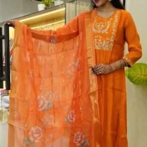 orange embroidered kurta set
