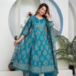 teal blue printed Anarkali kurta set