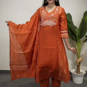 embroidered kurta, pant, and dupatta set