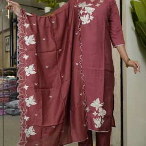maroon embroidered kurta set.