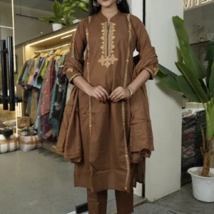 brown embroidered kurta set