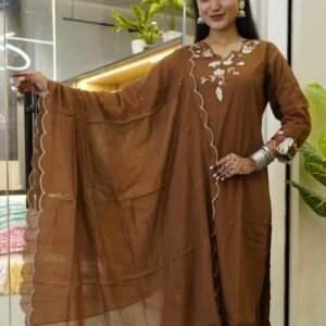rust-colored embroidered salwar suit set