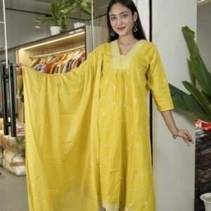 yellow embroidered cotton suit set.