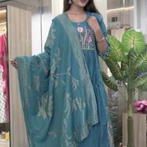 teal blue Indian kurta set.