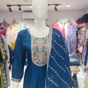 blue Anarkali suit with heavy embroidery