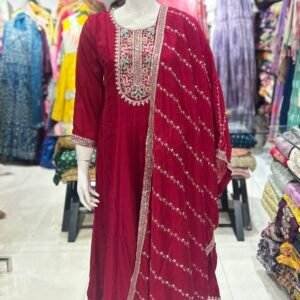  maroon or deep red Anarkali-style kurta set 
