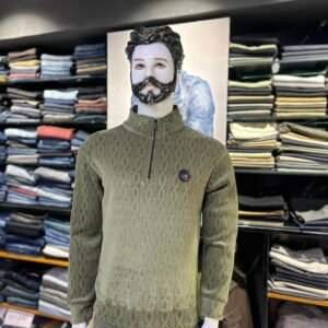 men's green cable knit sweater with a half-zip mock collar