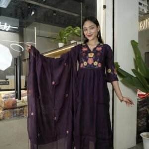 dark purple Indian Anarkali-style kurta suit set