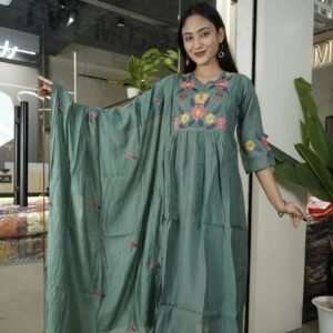 green embroidered A-line kurta set