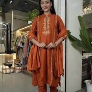 rust orange embroidered kurta set