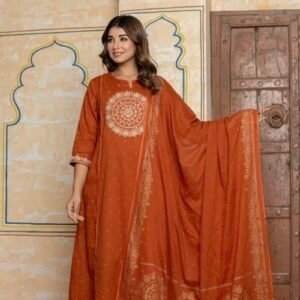 orange embroidered anarkali kurta set