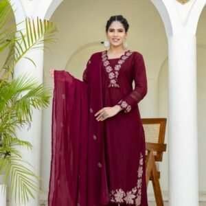 maroon embroidered kurta set with a matching dupatta