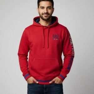 red hooded sweatshirt from Beverly Hills Polo Club